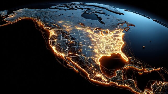 Illuminated North America Map with Nighttime City Lights and Data Lines