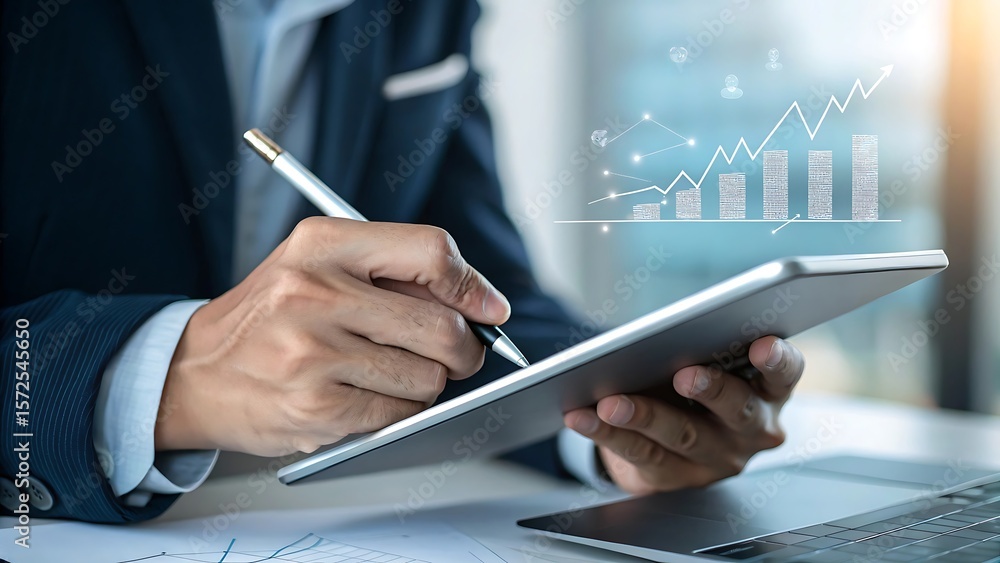 Poster analyzing growth trends: person using tablet to visualize data and plan for business success.