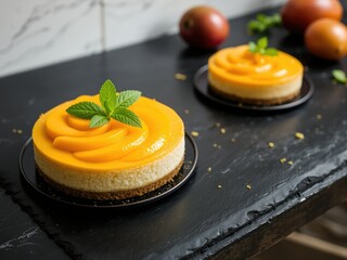 Tropical Mango Cheesecake on Dark Slate Surface