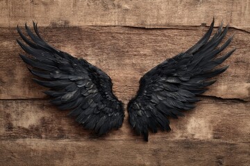 Black wings with detailed feathers spread on a brown wooden surface
