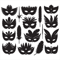 Elegant Black and White Masquerade Masks and Feathers Vector Illustration Set