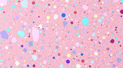 Bright and colorful polka dots scattered on a pastel pink background, creating a playful pattern.