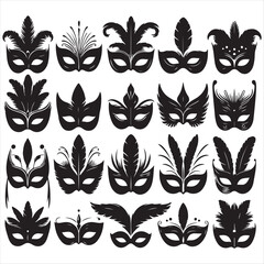 Elegant Collection of Black and White Venetian Masks  Silhouette Illustrations