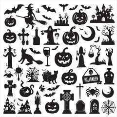 Spooky Halloween Icons Black and White Silhouette Collection