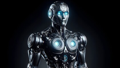 This image features a striking, futuristic humanoid robot against a dark, minimalist background.