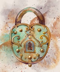 Old Vintage Barn Lock Covered In Rust And Patina Watercolor Clipart On Soft Brown Background Hand Painted Antique Element For Rustic Design Retro Illustration Decorative Object In Aged Metal Style