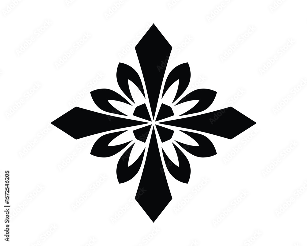 Fototapete black and white stencil ornament – geometric cross pattern with star center and sharp edges