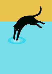 夏のプールに飛び込む猫