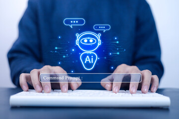 Man using laptop to chat with AI Chatbot Assistant or Artificial Intelligence Technology, Holographic Robot Application and Global Connectivity