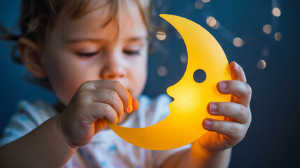 Adorable child holding a glowing moon night light with a face, evoking dreams, calm, and bedtime stories.