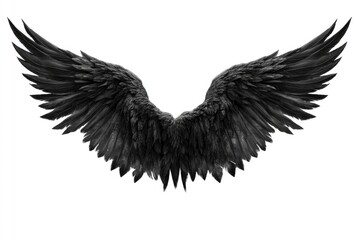 A pair of spread black wings with detailed feathers on a white background
