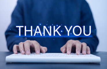Man showing thank you message. Concept of congratulations, appreciation, thanks in business and...