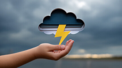 Child’s hand holding a cutout of a thundercloud with a lightning bolt against a dramatic stormy sky.