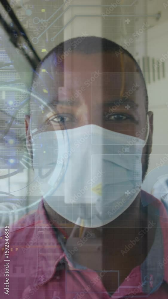 Poster animation of data processing over african american man in bus with face mask