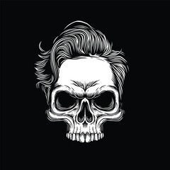 Hipster skull with fashionable hairstyle. Original vector illustration in vintage style. Perfect for t-shirt prints, posters, tattoos, gothic designs or Halloween themes.