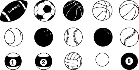 Fototapeta premium a variety of black and white balls, football, soccer ball, basketball, tennis, bowling, baseball, volleyball, billiards