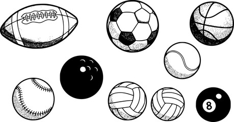 a variety of black and white balls, football, soccer ball, basketball, tennis, bowling, baseball, volleyball, billiards