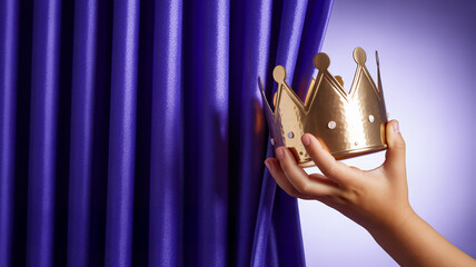 Child’s hand holding a shiny golden crown in front of rich royal blue curtains, symbol of royalty and imagination.