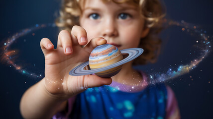 Curious child holding a miniature Saturn planet with glowing rings, symbolizing imagination and space exploration.