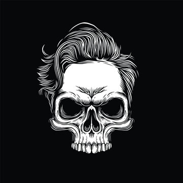 Hipster skull with fashionable hairstyle. Original vector illustration in vintage style. Perfect for t-shirt prints, posters, tattoos, gothic designs or Halloween themes.