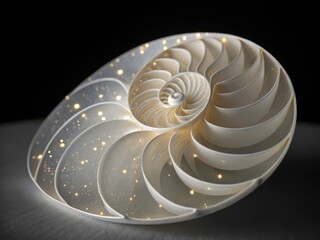 Obraz premium A detailed view of a nautilus shell s chambers illuminated by soft sparkling lights against a dark background