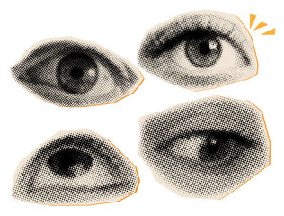 Halftone collage elements with human eyes with different emotions,cut out elements for collage design