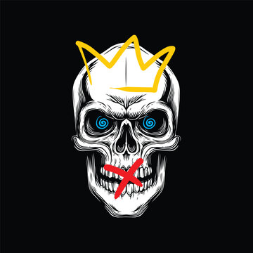 Human skull with a crown on its head. Vector illustration in vintage style. Perfect for t-shirt prints, posters, tattoos, gothic designs or Halloween themes.
