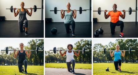 Poster with diverse group middle-aged and elderly people doing weightlifting with free weights - kettlebells barbells fitness room outdoors park, confident people body positivity of elderly people