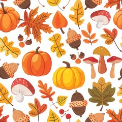 seamless pattern of autumn leaves, acorns, pumpkins, mushrooms, warm orange and yellow tones