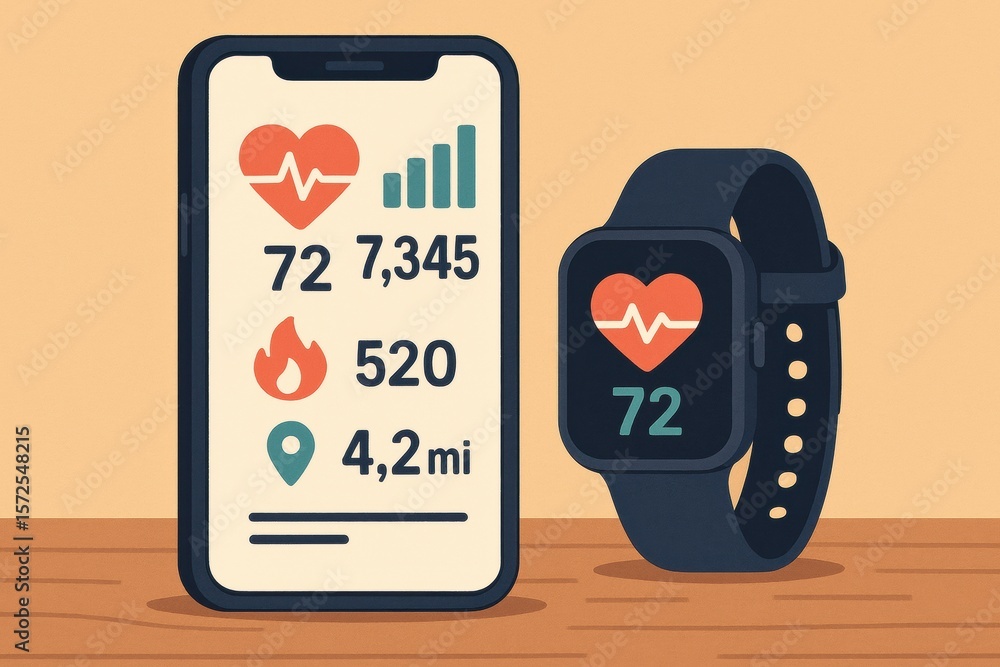 Aufkleber monitoring health metrics with a smartphone and smartwatch displaying fitness data on a wooden surfa