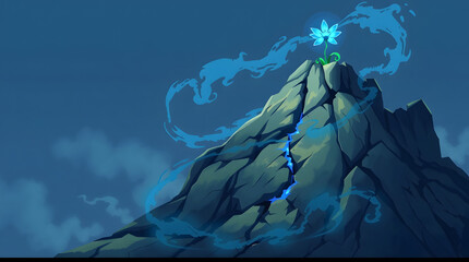 A pixel art scene where a single, luminous blue flower grows from a crack in an ancient stone at the top of a mountain.