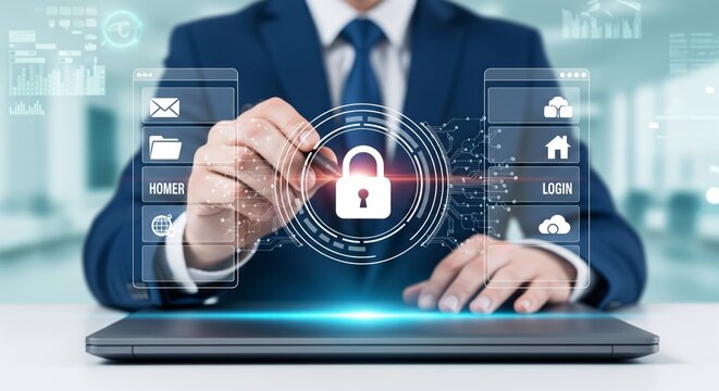 Cybersecurity Concept with Large Lock and Holographic Interface in Business Environment