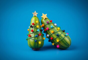 Two cucumbers decorated as Christmas trees with colorful pins,  closeup,  colorful