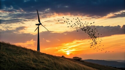 Obraz premium A lone wind turbine stands on a grassy hill against a dramatic sunset sky filled with a flock of birds in silhouette