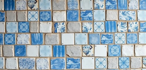 Weathered patchwork wall of blue, white, gray vintage tiles and stone, showing texture and age, gray, interior design