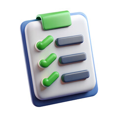 3D White Checklist Icon with Green Ticks and Shadow