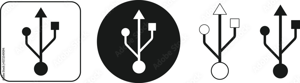 Fototapete set of usb port icons in circle, square, and outline styles – universal serial bus symbol vector ill