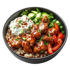 Fototapeta premium Healthy Quinoa Bowl with Sweet and Spicy Chicken, Fresh Vegetables, and Creamy Sauce on transparent background