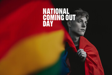 Man holding rainbow flag. National Coming Out Day.