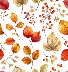 Obraz premium seamless pattern of autumn leaves, acorns, pumpkins, mushrooms, warm orange and yellow tones