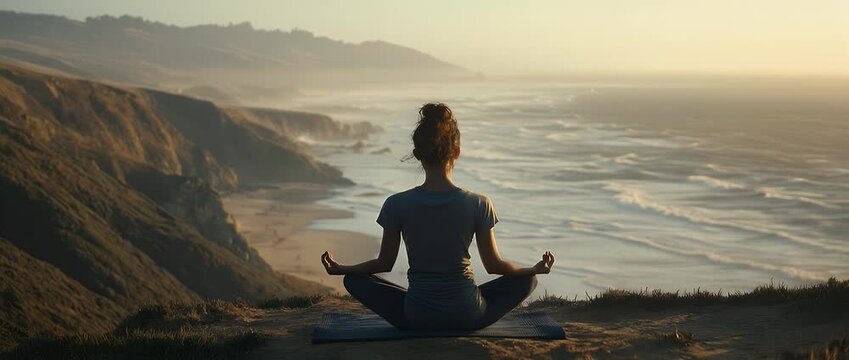 Woman meditating on a cliff overlooking the ocean at sunset