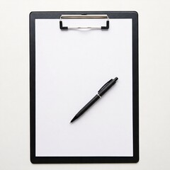 Black clipboard with a blank white sheet of paper and a black pen, isolated on white background.