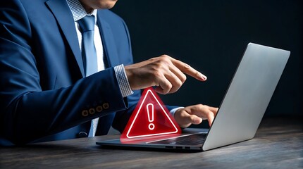Businessman facing online alert, pointing at laptop displaying a red warning sign for potential risk assessment or caution.