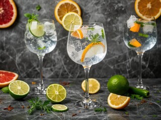 Trendy Gin and Tonic Set - Colorful Cocktails on a Gray Surface