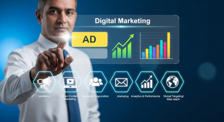 Futuristic Digital Marketing Dashboard with Advertising and Performance Chart –Business Tech Concept
