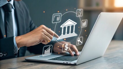 Businessman interacts with financial technology and analytics on a laptop, driving innovation for the future.