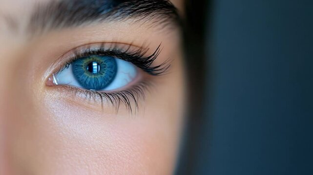 Close up blue eye human iris gaze soft light skin texture detail macro footage