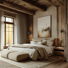 Luxurious rustic bedroom interior with soft fabrics, artisanal wooden furniture, and elegant minimalist styling 