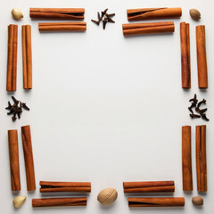 Aromatic Spice Frame: Cinnamon, Clove, and Nutmeg Bordering White Copy Space