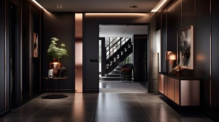 Elegant hallway boasts contemporary dark walls, copper accents, and a view towards a staircase and other interior living spaces.